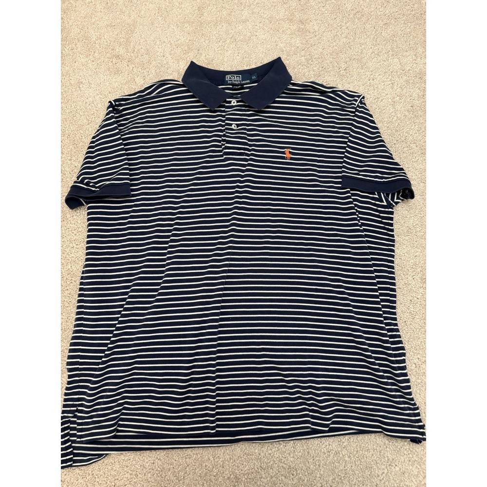 VTG Polo Ralph Lauren Pima Cotton Striped Polo Shirt Peru Blue White Preppy XL
